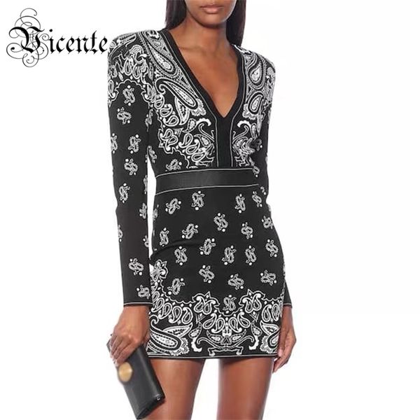 

trendy geometric jacquard design v neck long sleeves celebrity party club bandage mini dress 210520, Black;gray