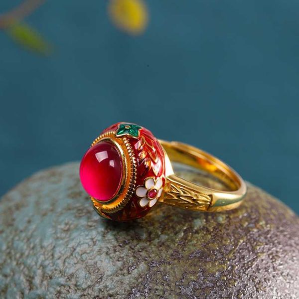 

cluster rings vintage s925 silver thai enamel red corundum ring for women party gift, Golden;silver