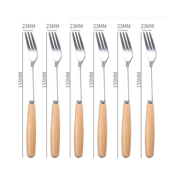 

forks 6 pcs fruit stainless steel dinner fork wooden handle table sets korean cutlery salad dessert picks