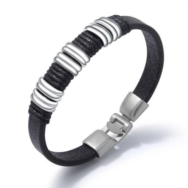 

charm bracelets black braided leather multilayer wrap weave for men stainless steel magnetic clasp punk cuff bangles jewelry, Golden;silver