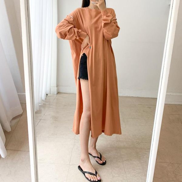 

casual dresses neploe chic woman dress korean temperament o-neck long sleeve vestidos de mujer simple loose split midi t-shirt, Black;gray