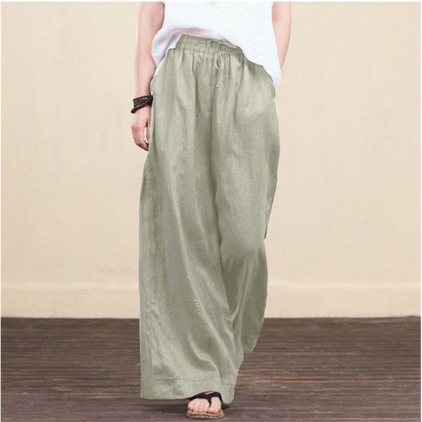 

women spring summer solid cotton linen wide leg pants casual high waist palazzo loose pocket trouser long pantalon plus size 5xl 210915, Black;white