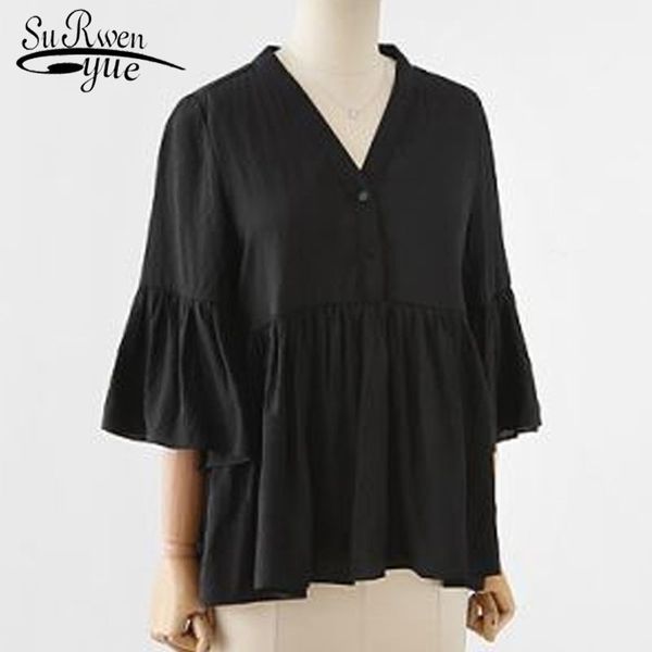 Tamanho Grande Fat Sólida Cor Sólida Blusa Moda Moda No Verão Flare Manga V-Pescoço Lady Camisa Tipo de Boneca Mulheres 3606 50 210521