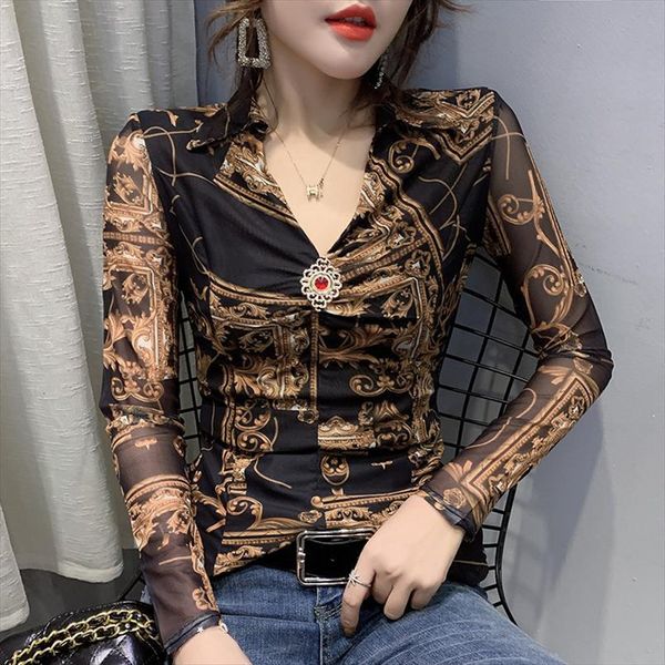 

fashion v neck mesh womens shirt print european clothes spring casual elastic base ropa mujer t02610, White