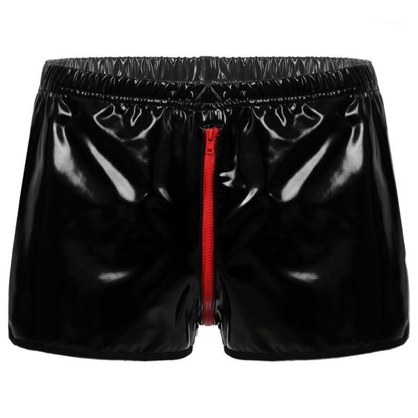 

underpants mens wetlook lingerie boxers briefs glossy elastic waistband zipper crotch panties latex patent leather shorts for party club, Black;white