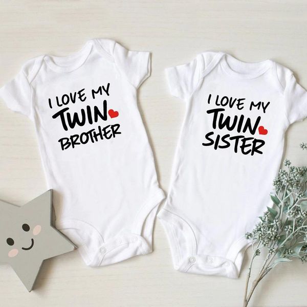 

rompers i love my twin sister brother born baby bodysuits cotton short sleeve infant romper body boys girls ropa twins clothes, Blue