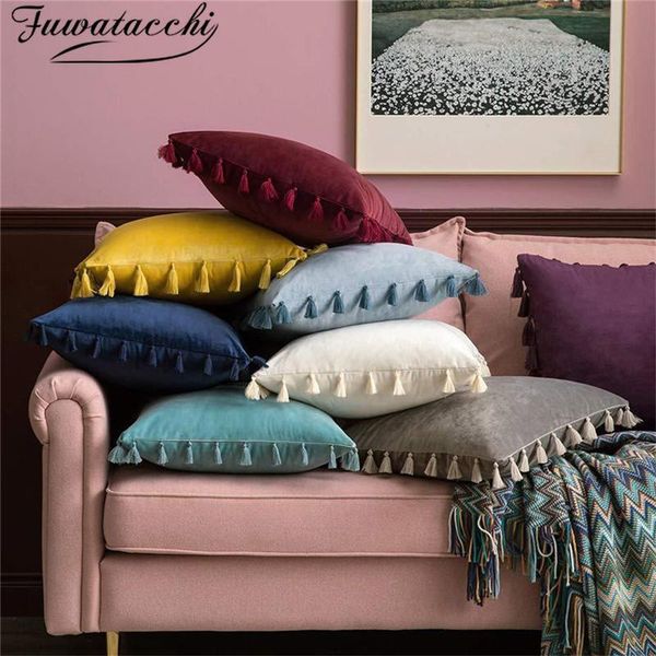 

cushion/decorative pillow fuwatacchi velvet throws pillowcases decorative cushions covers square with tassel for sofa bed home 45x45cm