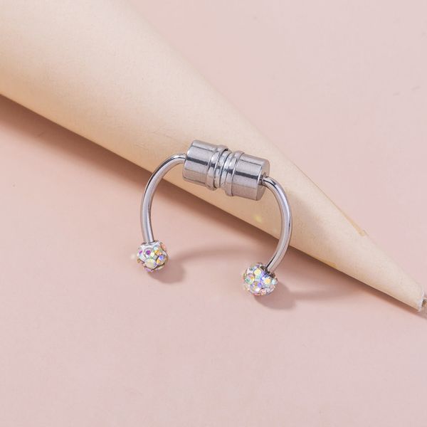 

new diamond inlaid stainless steel magnetic horseshoe ring u-shaped puncture magnet clip nose ornament female, Silver