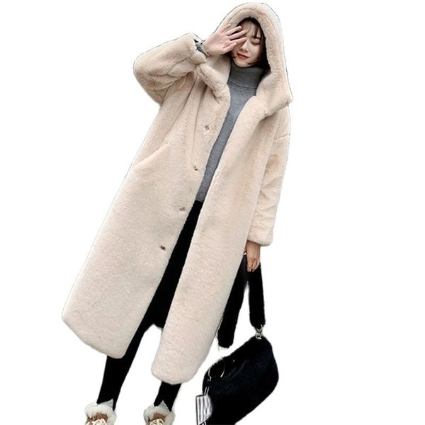 

winter women faux rabbit fur coat luxury long fur coat loose lapel overcoat thick warm plus size female plush coats 210927, Black