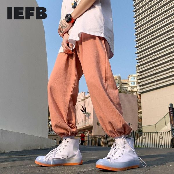 

iefb spring summer comfortable cotton hemp legged men's causal pants loose solid color straight pants elastic waist 9y7301 210524, Black