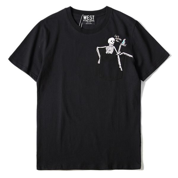 

t shirts arrival summer o-neck knitted cotton casual short shirt men hip hop in joker pocket skeleton printing, White;black