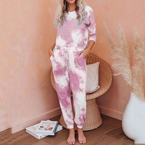 Herbst Winter Loungewear Women Pyjama Set Tie-Dye Home Wear Lounge Homewear Langarm Nachtwäsche 210326