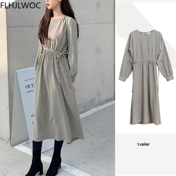 

casual dresses 2021 spring fenimine vestidos robe womens fashion elegant lady solid slim waist bow tie retro vintage long cotton blend dress, Black;gray