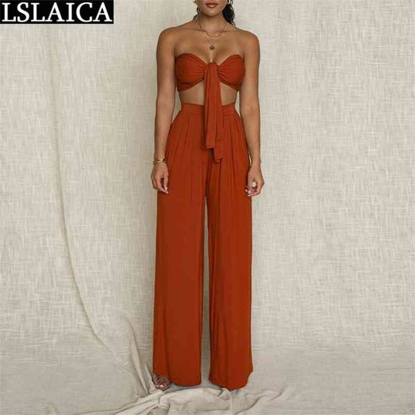 

2 piece set women solid sleeveless strapless wide leg pants sets fashion female outfits clubwear casual conjuntos de mujer 210515, White