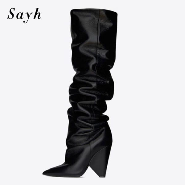 

woman knee high boots pointy toe riding strange heels pleated leather runway stretch shoes size plus, Black