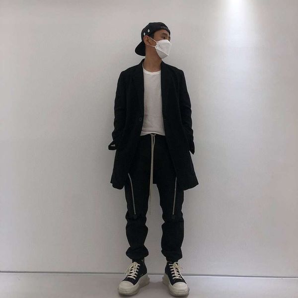 

g8buh trendy ri owens dark overalls sports slim pants multi-zipper ro fit foot-binding casual sports stitching overalls men's and women, Blue