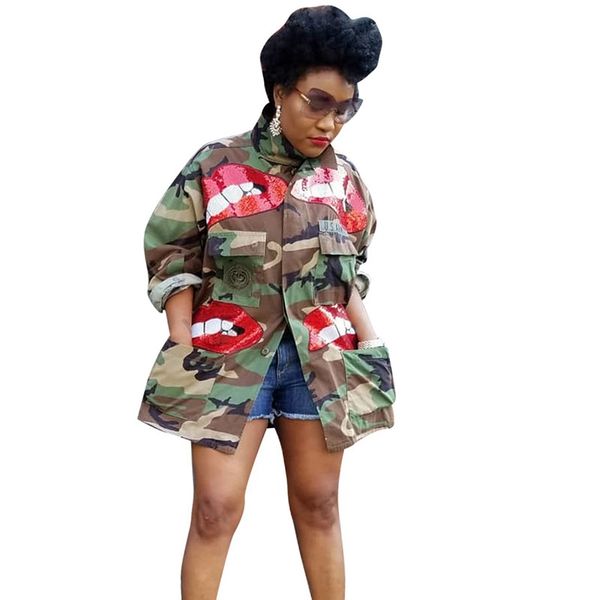 

autumn camouflage jacket women 2021 long sleeve sequin patchwork plus size coat jacket casual military hip hop streetwear jacket, Black;white