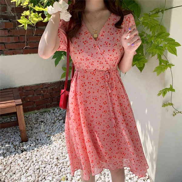 

elegant v-neck floral print women dress short sleeve lace up a-line chiffon female sundress summer boho ladies 210429, Black;gray