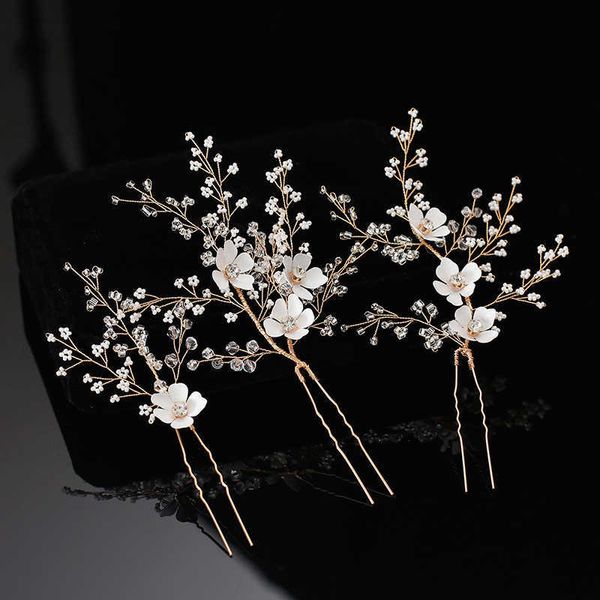 Weiße Blume Haarnadeln Clips Gold Kopfstücke Strass Haarnadeln Bräute Brautjungfern Mädchen Hochzeit Zubehör Brautschmuck X0625