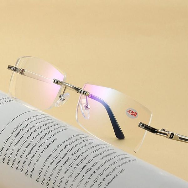 Óculos de sol Rimless Retângulo Leitura Óculos Ultralight Elasti Homens Mulheres Bussiness Presbyopia Óculos Anti-Blue Ray +1 a +4