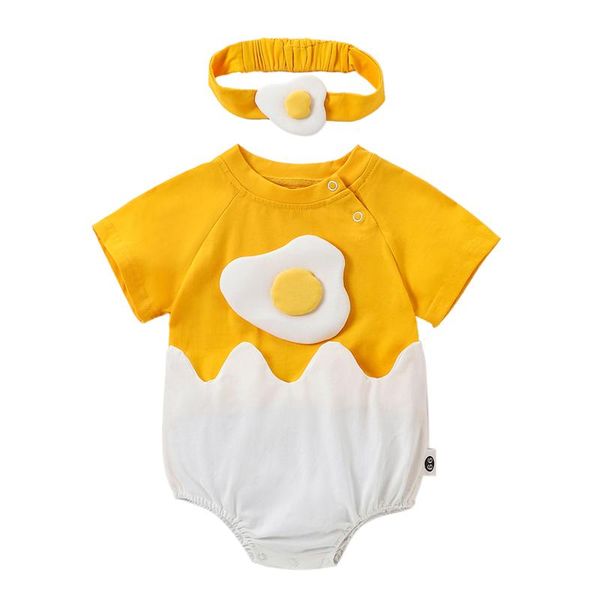 

emmababy 2021 summer 0-24m baby girl 2pcs set eggshell patchwork poached egg yellow short sleeve jumpsuit+headband clothes clothing sets, White