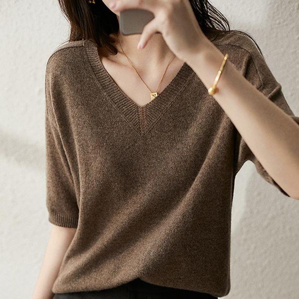 

women's blouses & shirts blusas femme blouse women mujer de moda 2021 verano short sleeve v-neck knitted shirt e810, White