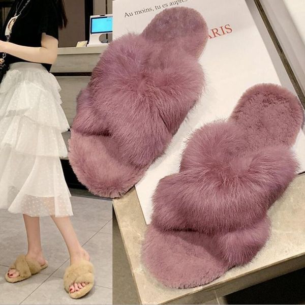 

slippers fur band women candy color long plush cross furry flip flops cozy home shoes woman footwear mules42, Black