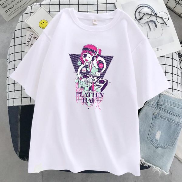 

electronic girl music expert print women t-shirts loose o-neck t shirts soft breathable tee clothing summer casual women's t-shirt, White