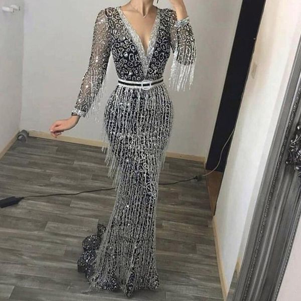 

casual dresses women's long dress shiny tassel solid color sleeve deep v-neck sequin full ladies party formal skinny, Black;gray