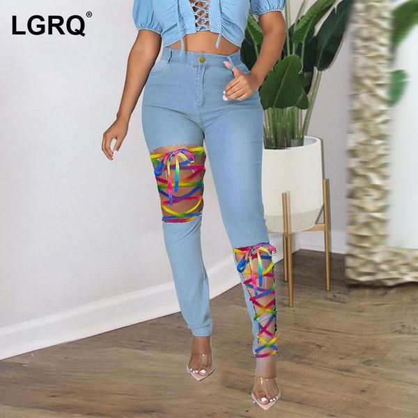 

women's jeans [lgrq] high waist wide leg black bandage pencil loose women trousers fashion tide spring summer 2021 19d1556, Blue