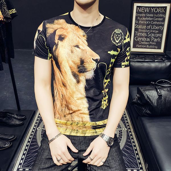 

tee screen tide shirt black homme gold lion print for 2021 summer short slim men tshirt, White;black