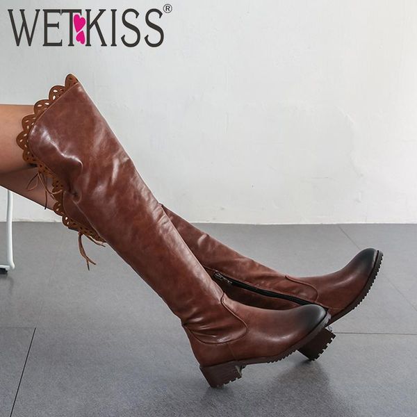 

boots wetkiss big size 34-48 over the knee women lace boot female thick heels shoes ladies round toe casual winter 2021, Black