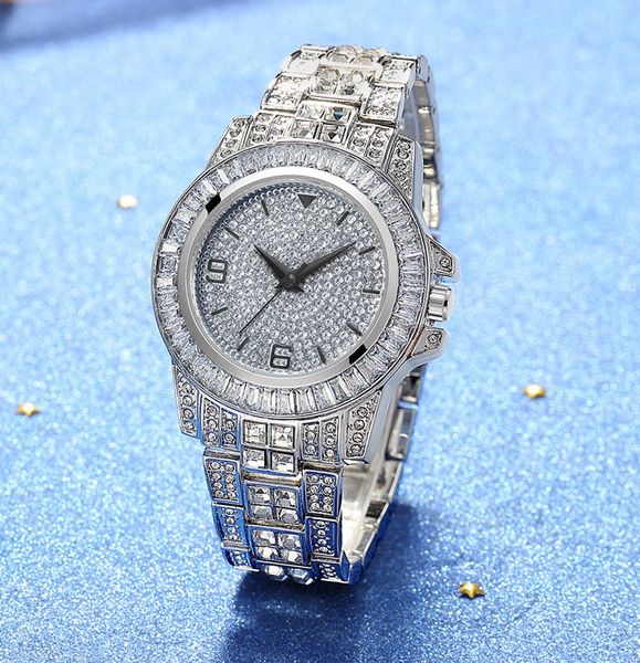 Унисекс водонепроницаемые часы мужские женские часы Полный прокладки Bling Crystal Rhinestone Браслет Леди Кварцевый Кирсит Сплавное золото средние мужчины 38 мм наручные часы
