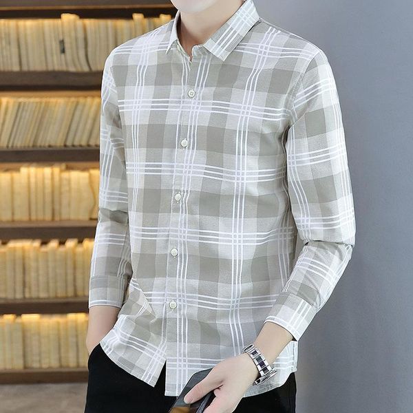 

men's casual shirts 2021 spring and autumn stripe lattice masculina men business long sleeve social hombre chemises, White;black