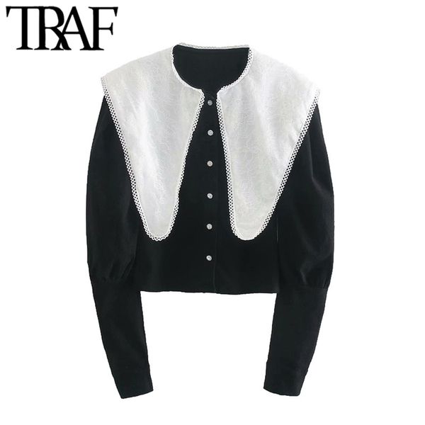 

women fashion with bejewelled buttons blouses vintage peter pan collar puff sleeve female shirts chic 210507, White