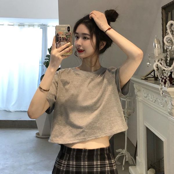 

women's t-shirt korean fashion casual crop women cotton solid short sleeve t shirts summer female streetwear tee, White