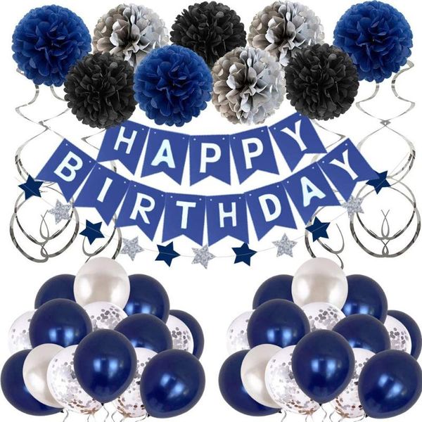 

happy birthday party balloon banner pom poms swirl streamers for men women boy grils baby shower decoration
