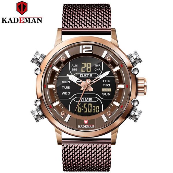

wristwatches kademan classic stainless steel mesh belt men watch dual display fine strap quartz fashion business clock uhren herren, Slivery;brown