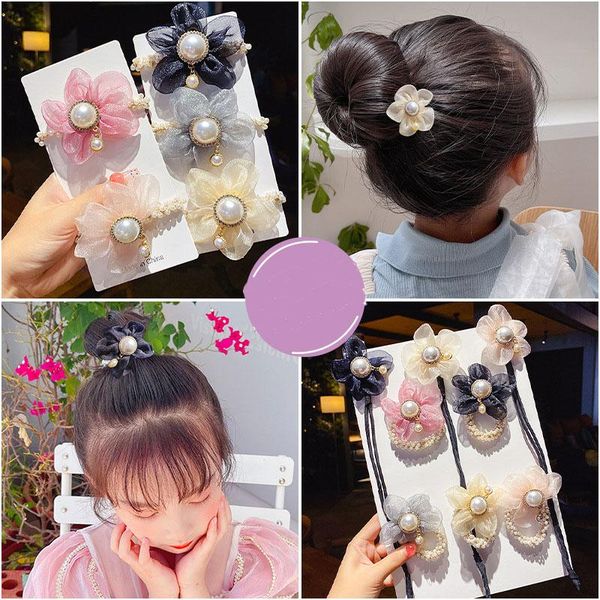 

hair accessories lace gauze flower diy bud bun donuts scrunchies for girls styles tool ponytail gum bands children women, Slivery;white