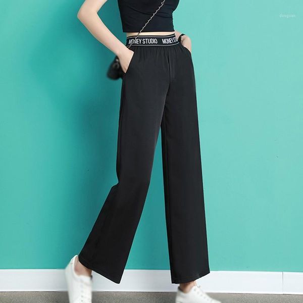 

women's pants & capris ladies letter print waist summer casual loose solid color high wide leg thinning elastic, Black;white