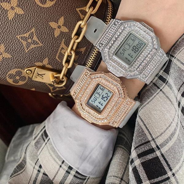 

wristwatches transparent white rubber watches for women men square shinning crystals digital wrist watch water proof relojes, Slivery;brown