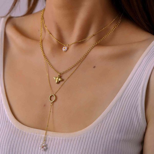 New Hotsale Jewelry 316L Stainls Collana a tre strati in acciaio con pendente a forma di ape per le donne