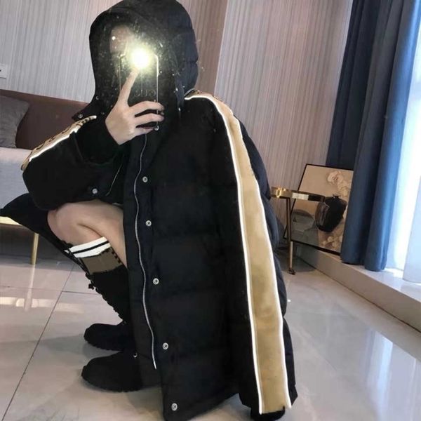 

men jacquard nylon down jacket designer male warm hooded snap button zip outwear fashion gentlemen stand collar padded winter coat, Black