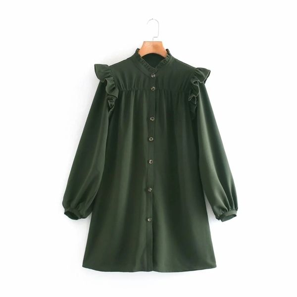 Mulheres Ruffle Decoração Lanterna Sleeve Army Camisa Verde Vestido Feminino Único Peito Solto Roupa Casual Lady Vestido D6698 210430