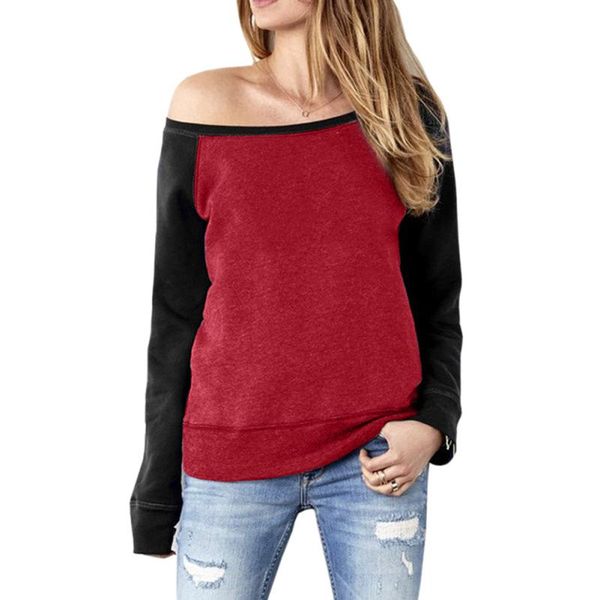 

women's hoodies & sweatshirts red one shoulder contrast color women fashion 2021 fall winter long sleeve casual pullover clothing ladie, Black