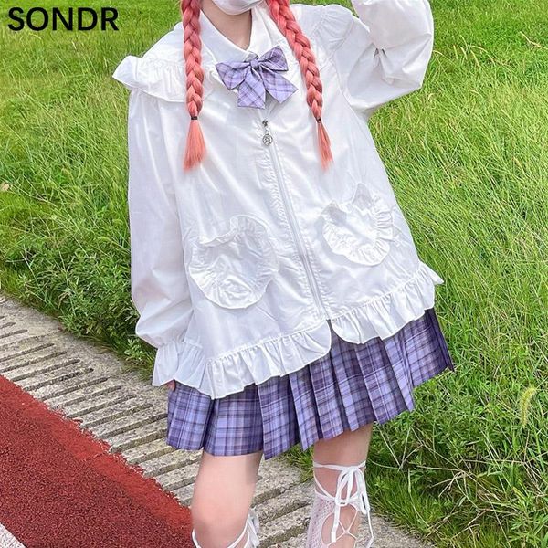 

women's jackets japanese lolita soft girl cute hooded jacket autumn thin zip up outer clothing women kawaii female ruffle flared sleeve, Black;brown