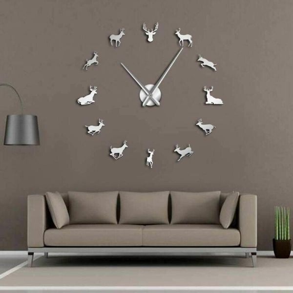 

wall clocks creative diy large clock 3d mirror surface sticker home decor art giant watch with deer antler big