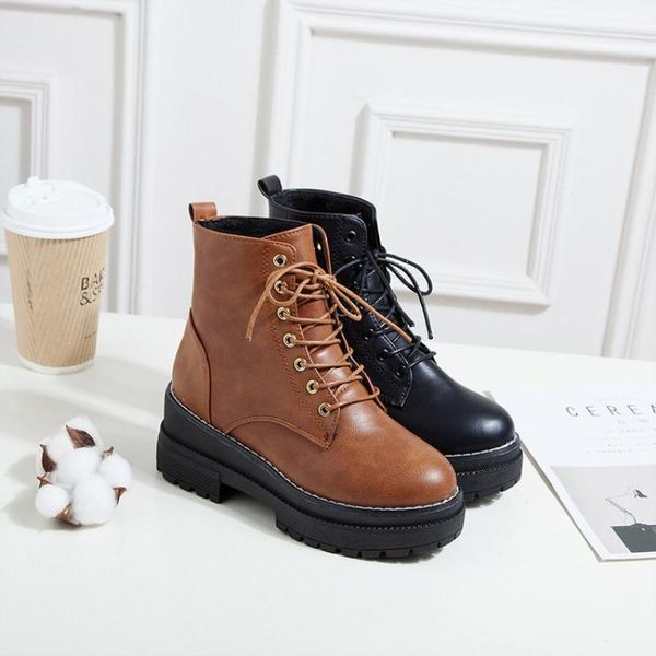

boots 2021 ankle for women motorcycle chunky heels casual lacing round toe platform fashion shoes female nw4035, Black