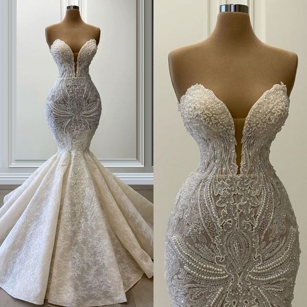 

2022 lace pearls mermaid wedding dresses bridal gowns sweetheart appliques country vestidos de novia, White