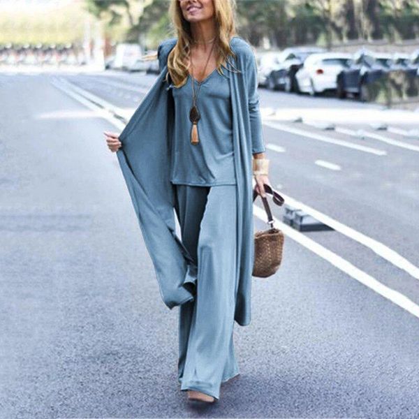 

women's two piece pants solid loose spring autumn casual three set office v-neck matching suit female straight streetwear 3pc, White